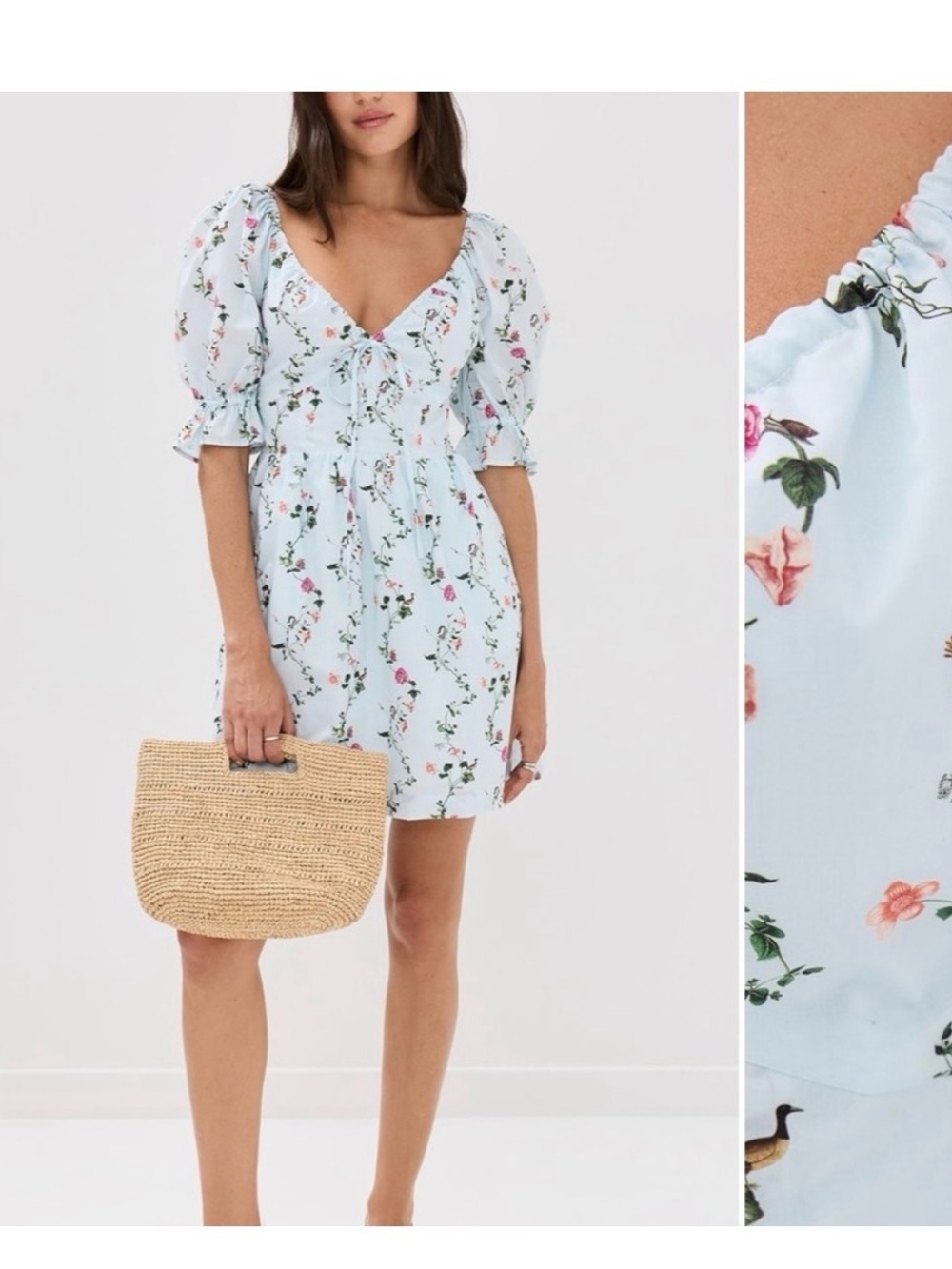 Hill House Light Blue Floral Puff Sleeve Mini Dress
